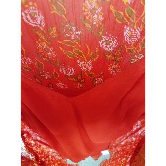 Zara Woman Sz. S Red & Gold Floral Long Sleeve Chiffon Midi Sheer Dress - Picture 7 of 11